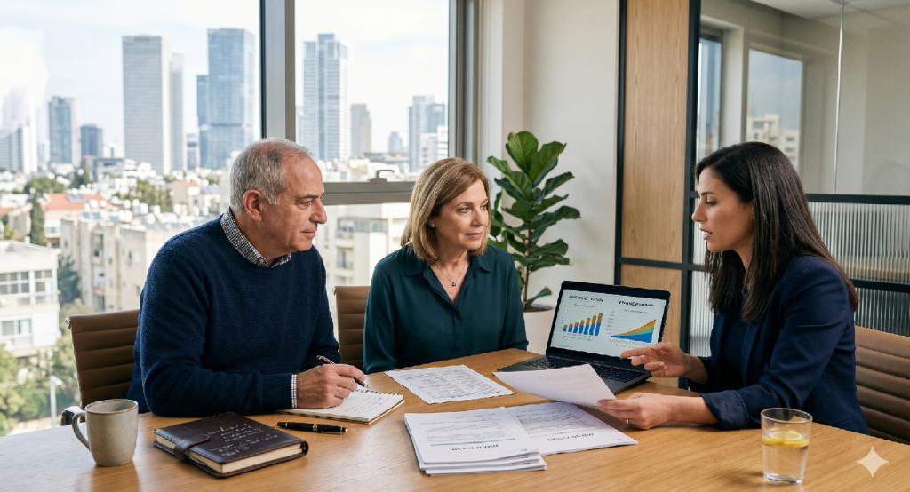 Пара на консультации с финансовым специалистом по пенсионному планированию в современном офисе в Израиле