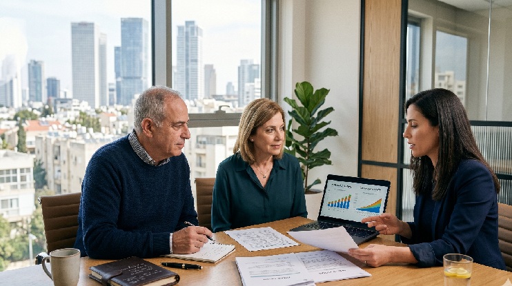 Пара на консультации с финансовым специалистом по пенсионному планированию в современном офисе в Израиле