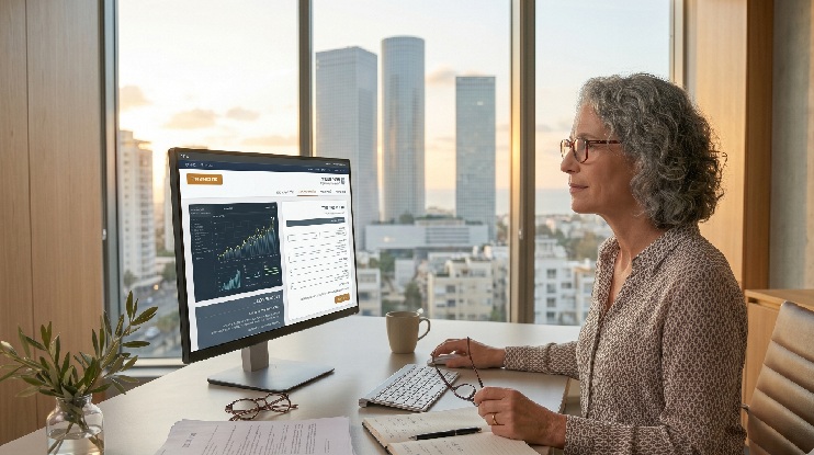 Женщина изучает пенсионные документы и информацию о пенсионной системе Израиля